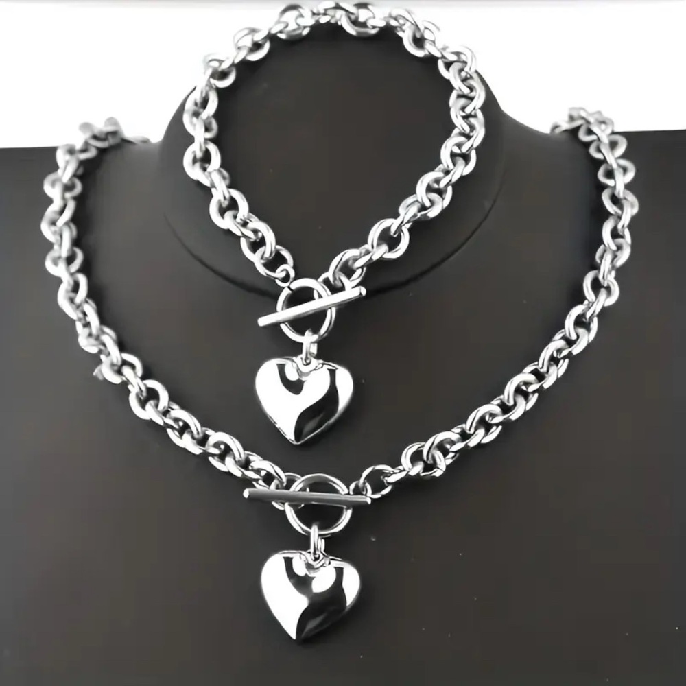 Silver Heart Charm Necklace and Bracelet Set Stainless Steel Valentine’s Day